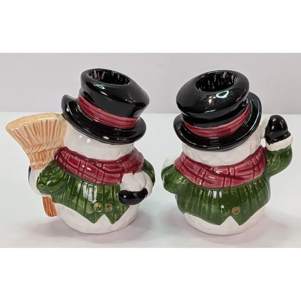 Snowman Taper Candle Holders Set of 2 White Red Green Good Ceramic